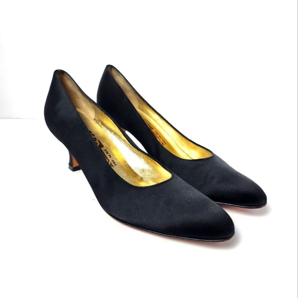 Salvatore Ferragamo Satin Pointed Toe Kitten Heel Pump Black Size 7.5